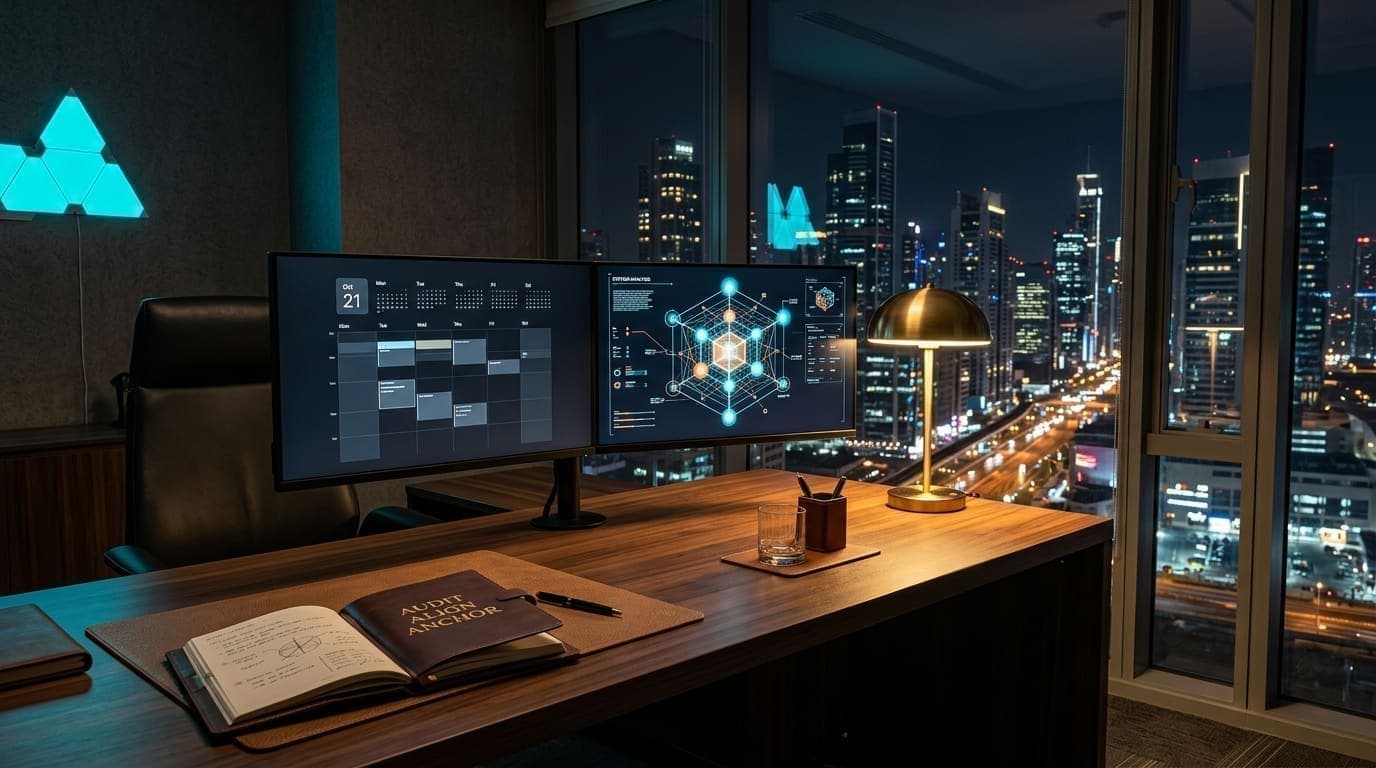 The 1% Sunday: The Operations Hub. A high-end, minimalist home office at twilight. A dark wood desk features an open leather-bound planner with the headers Audit, Align, Anchor. Beside it, two holographic glass displays show a color-coded calendar labeled The Coming Week and the Capacity Matrix cube filled with gold and blue spheres. A sleek gold architectural lamp illuminates the workspace. In the background, a glowing Decisive Edge Triangle is projected on the wall.