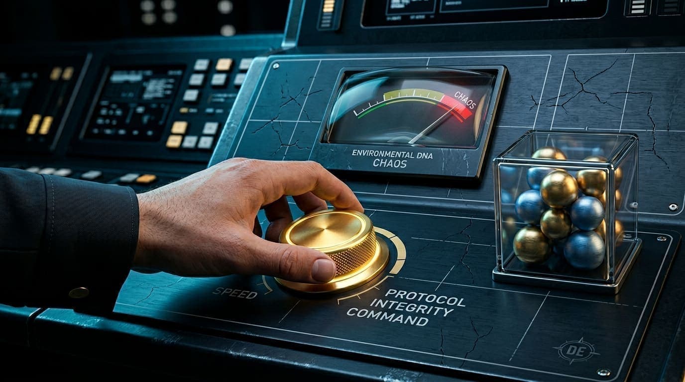 Commanding the Chaos: Protocol Governance at the Redline. A macro, high-contrast 3D render of a luxury operations dashboard. A large analog gauge is pinned in the red zone labeled ENVIRONMENTAL DNA CHAOS. Below, a steady hand turns a glowing gold dial from SPEED toward PROTOCOL INTEGRITY COMMAND. The dark dashboard shows etched gridlines, subtle crack textures suggesting strain, a glass container of gold and blue spheres, and a small compass mark suggesting the Decisive Edge brand.