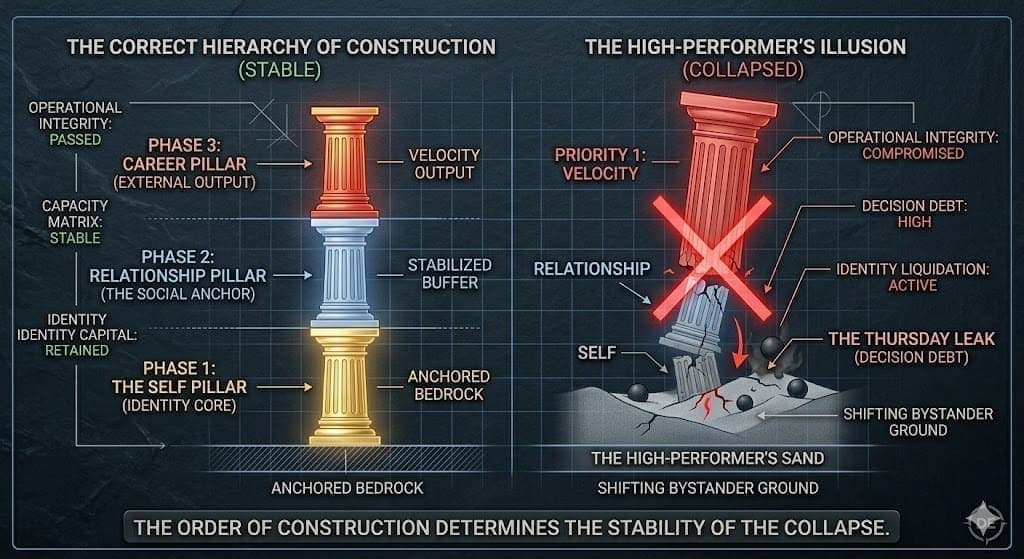 The Hierarchy of Construction: Stability vs. Illusion. A technical blueprint on dark slate. Left: THE CORRECT HIERARCHY—gold Self pillar on anchored bedrock, blue Relationship pillar, red Career pillar stacked in order. Right: THE HIGH-PERFORMER’S ILLUSION—oversized Career pillar leaning on shifting sand, shattered Relationship pillar, broken Self pillar, with Decision Debt and the Thursday Leak in the cracks.