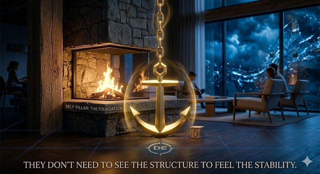 The Invisible System: The Household Anchor. A cinematic interior shot of a high-end, modern living room at night. A warm fire glows in a stone fireplace. In the center of the dark wood floor, a minimalist glowing gold anchor is deeply embedded. Outside the large glass windows, a chaotic blue negotiation storm swirls, but the interior is calm. Subtle technical labels read “Self Pillar: The Foundation” with a DE compass motif.