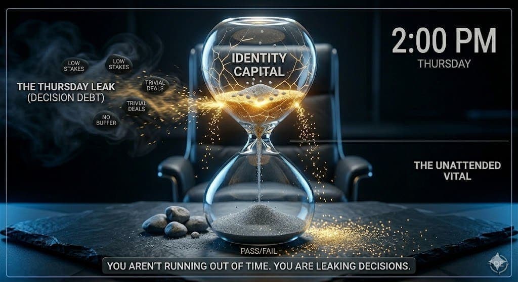 The Anatomy of a High-Performer’s Collapse: The Thursday Leak. A high-contrast, cinematic macro shot of a glass hourglass on dark slate. The top bulb reads IDENTITY CAPITAL and shows glowing cracks; golden sand leaks into smoke labeled THE THURSDAY LEAK (DECISION DEBT), with stones marked LOW STAKES and TRIVIAL DEALS. A clock reads 2:00 PM THURSDAY; the bottom reads PASS/FAIL; the DE compass logo appears in the corner.