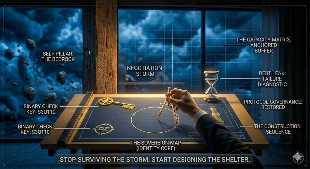 A cinematic wide shot of an architect’s drafting table in a high-end, dark studio. A hand uses a golden compass to draw a circle on a “SOVEREIGN MAP” blueprint. On the table sit the artifacts of the framework: the Golden Binary Key, the Hourglass, and a blueprint of the Self Pillar. Large windows in the background show a dark, swirling “Negotiation Storm” with floating “Bystander Stones,” while the interior remains calm and illuminated by golden light. Technical labels like “Protocol Governance: Restored” and “Debt Leak: Failure Diagnostic” are visible.