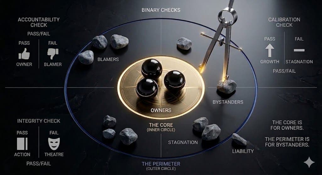 The Binary Filter — peer-level operations: a small glowing gold inner circle with polished black spheres; a larger blue outer circle with irregular stones; stainless steel calipers measure a stone on a dark reflective surface.