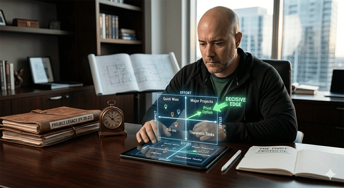 The Pivot Protocol: Engineering a Strategic Career Move — A focused professional man in his 40s sits at a dark executive desk in a cinematic office. He is using a digital tablet that projects a holographic EDGE Decision Matrix (Effort vs. Impact) into the air. On his desk are a notebook titled The Pivot Protocol, a stack of folders labeled Project Legacy (FY 20-25), and a vintage brass clock. A glowing green Decisive Edge arrow points toward a high-impact pivot option on the matrix.