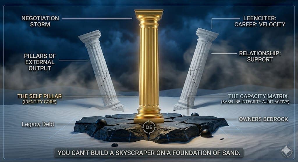The Foundation Pillar: Architecture of the Self. A high-contrast architectural render in a dark, swirling desert storm. A massive glowing gold Doric pillar labeled THE SELF PILLAR (IDENTITY CORE) anchors into a dark rock plateau labeled OWNERS BEDROCK. Two cracked white marble pillars, CAREER and RELATIONSHIP, lean into white sand; dark spheres labeled Legacy Debt pull at them.