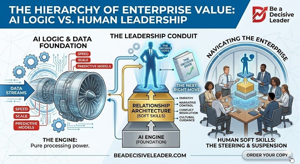 Infographic comparing AI Logic Foundation vs. Human Leadership Conduit. Shows an AI jet engine representing processing power and a leader managing Relationship Architecture, Soft Skills, and Strategic Execution.