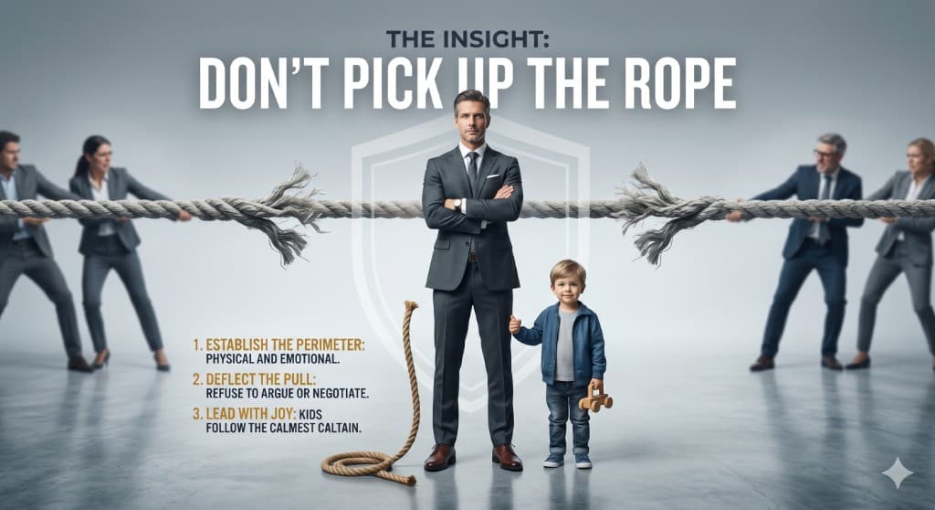 A visual infographic showing a stoic leader deliberately dropping his end of a rope, refusing to engage in a tug-of-war while a child stands safely by his side.